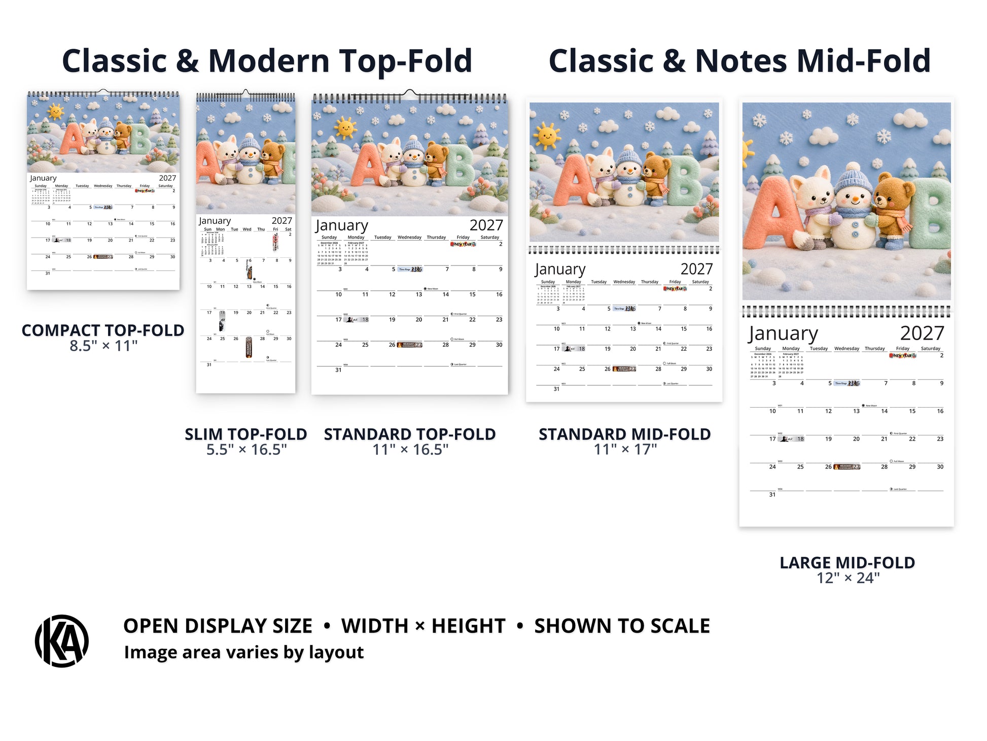 My ABC Adventure by Kaleidoscope Artisan - Playful Learning with Holidays 2027 wall calendar layout and size options