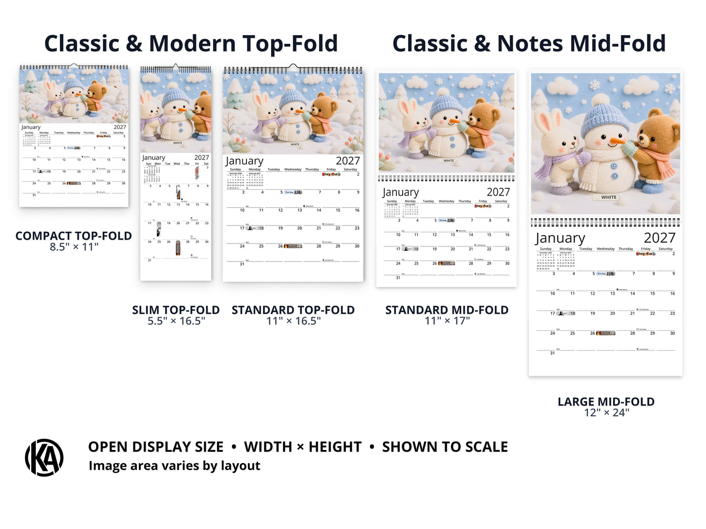 My Colors Adventure by Kaleidoscope Artisan - Whimsical Felt Friends with Holidays 2027 wall calendar layout and size options