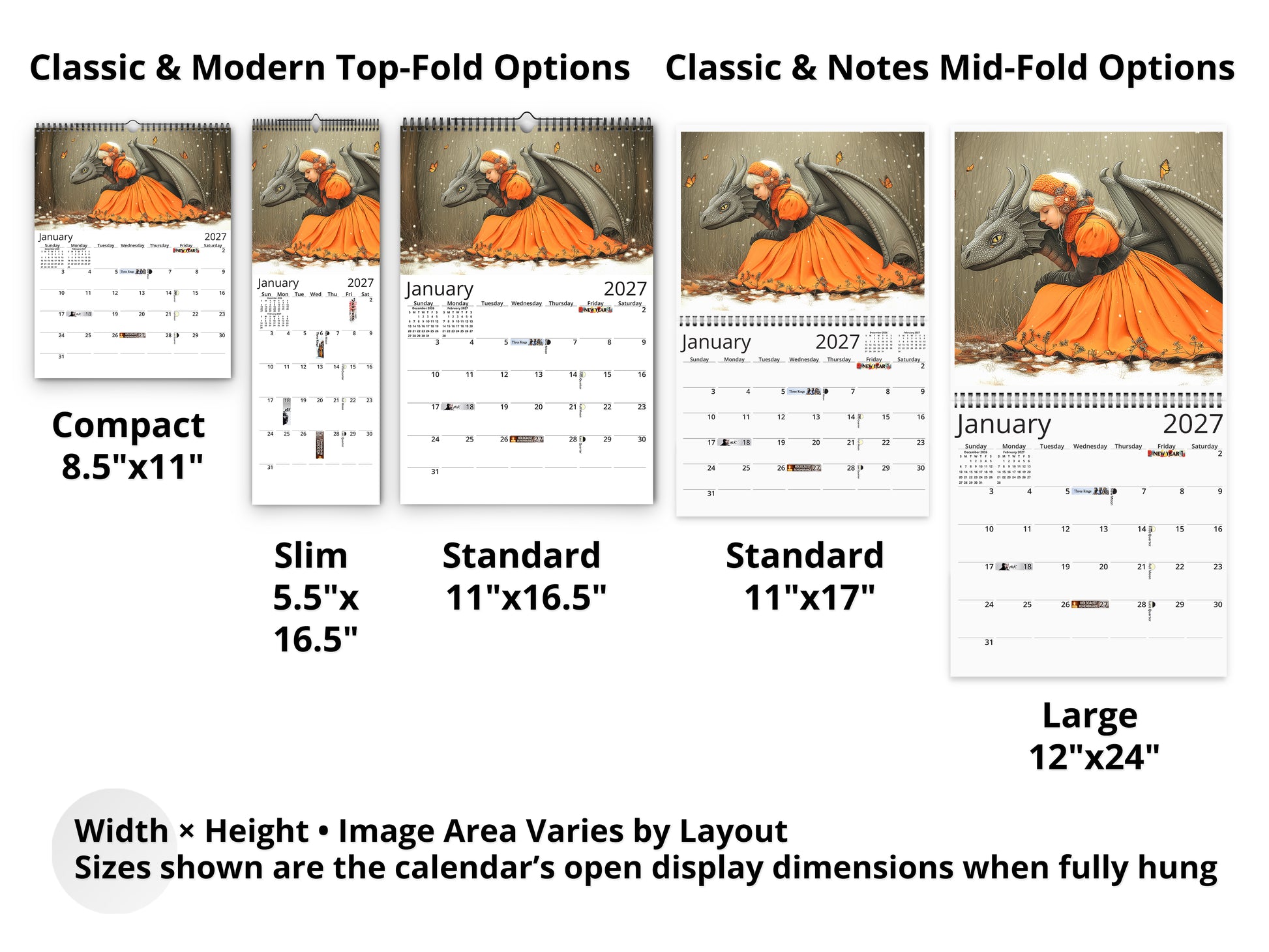 My Little Dragon Fantasy 2027 wall calendar layout and size options