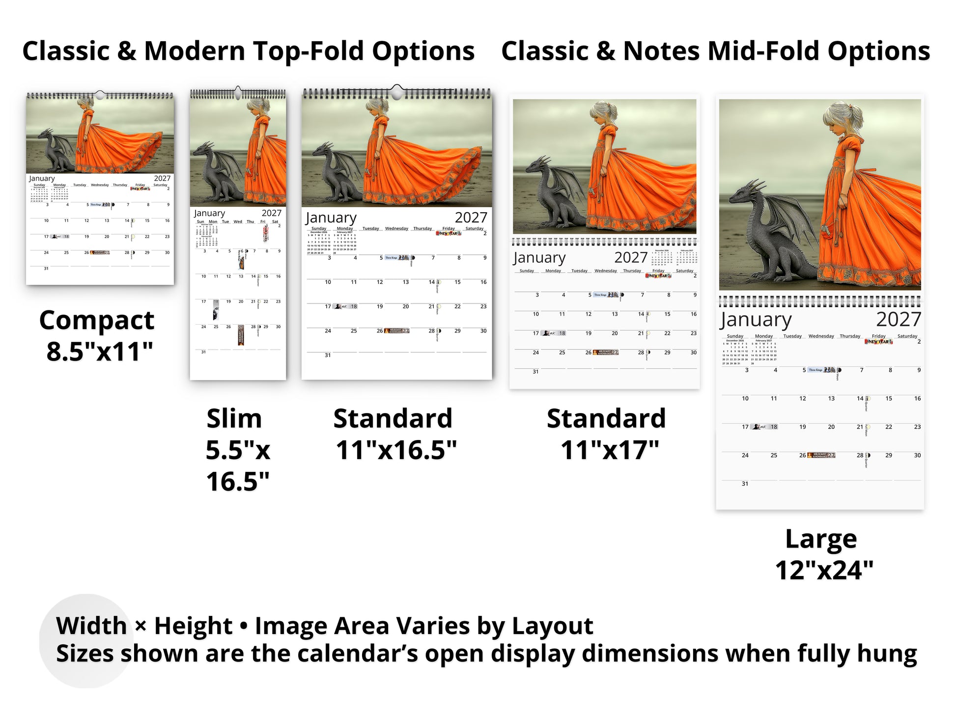 My Little Dragon Princess 2027 wall calendar layout and size options