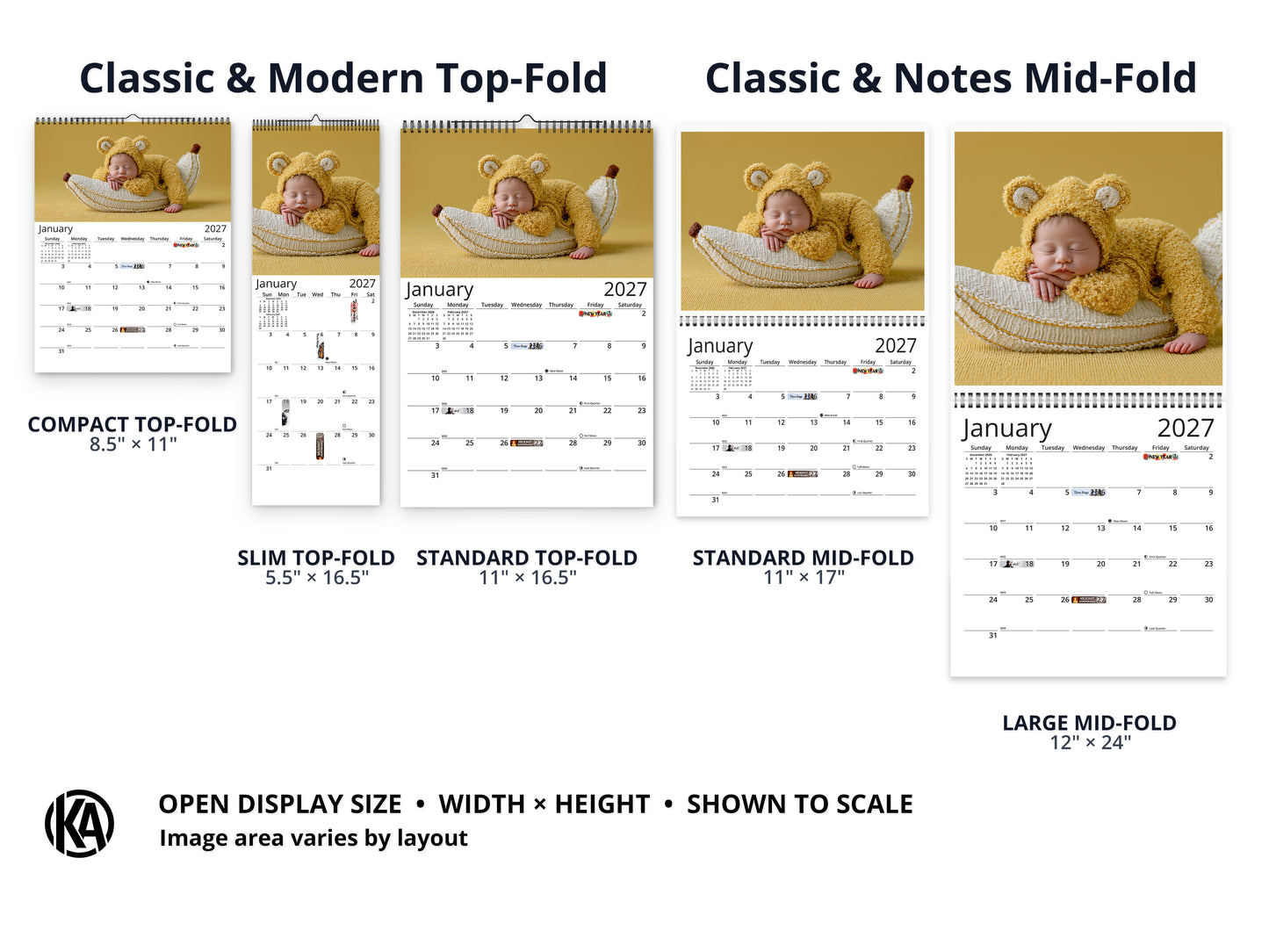 Newborn Baby 2027 wall calendar layout and size options