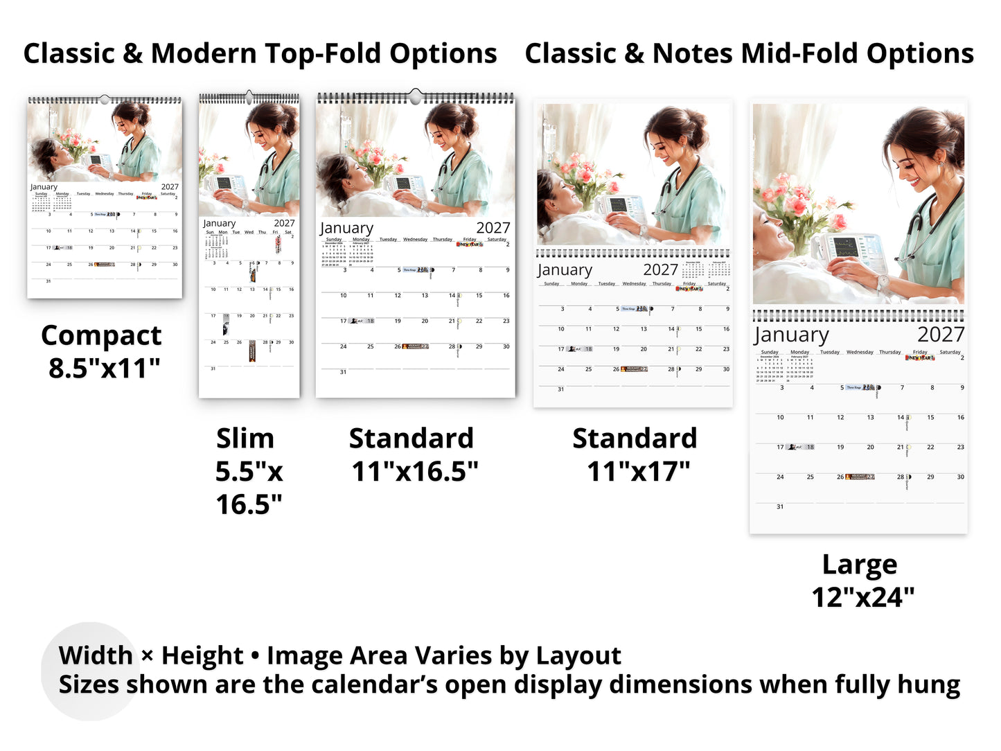 Nurse 2027 wall calendar layout and size options