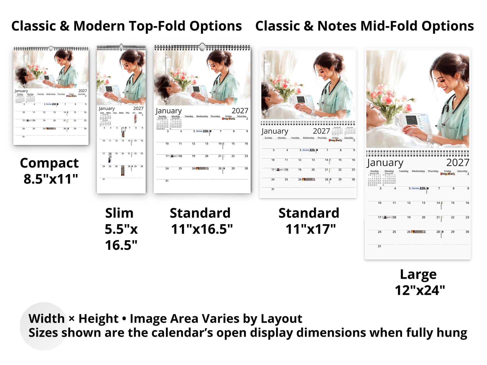 Nurse 2027 wall calendar layout and size options