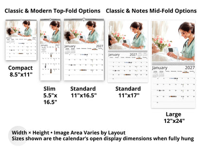 Nurse 2027 wall calendar layout and size options