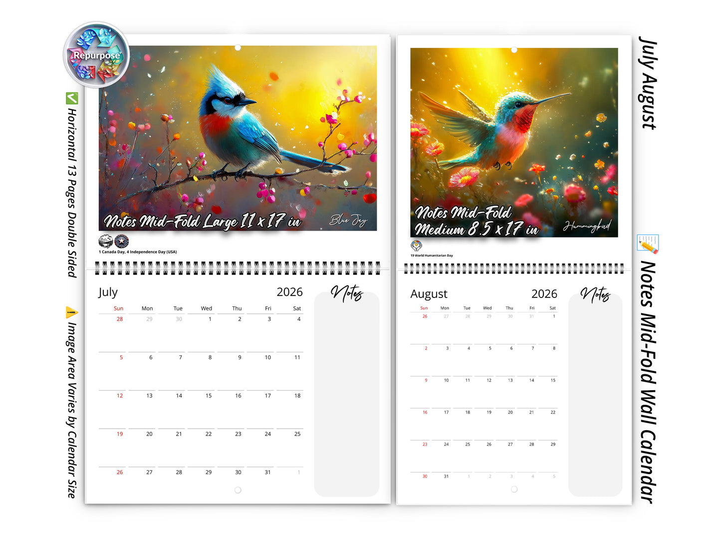2026 Radiant Birds Kaleidoscope Wall Calendar by Kaleidoscope Artisan – Avian Beauty with Holidays