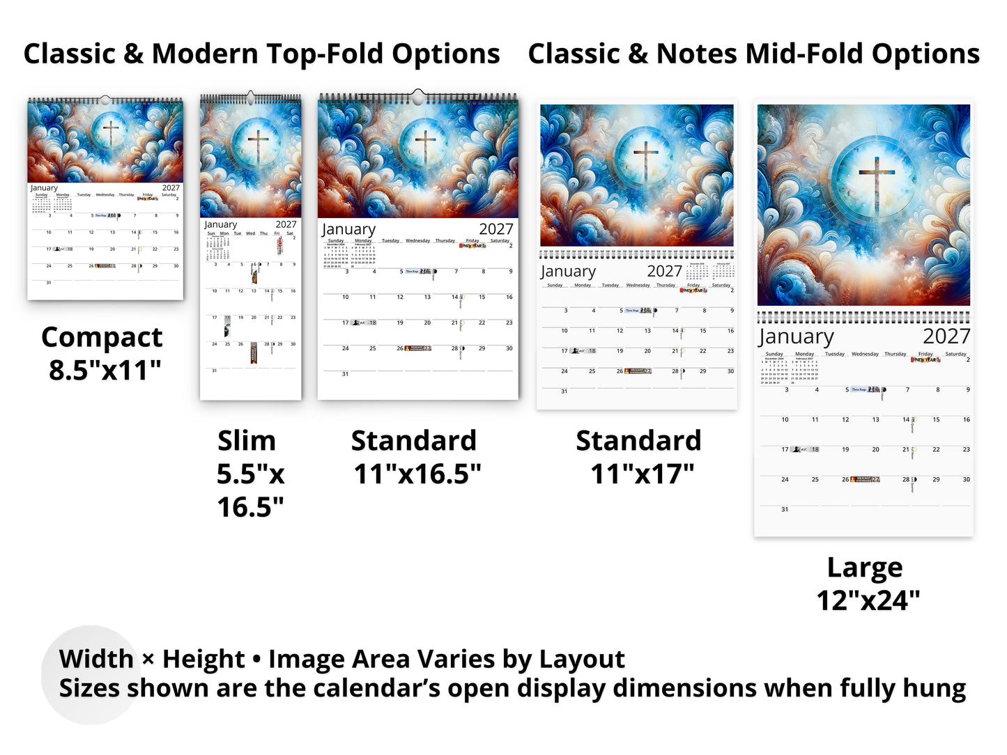 Radiant Cross 2027 wall calendar layout and size options