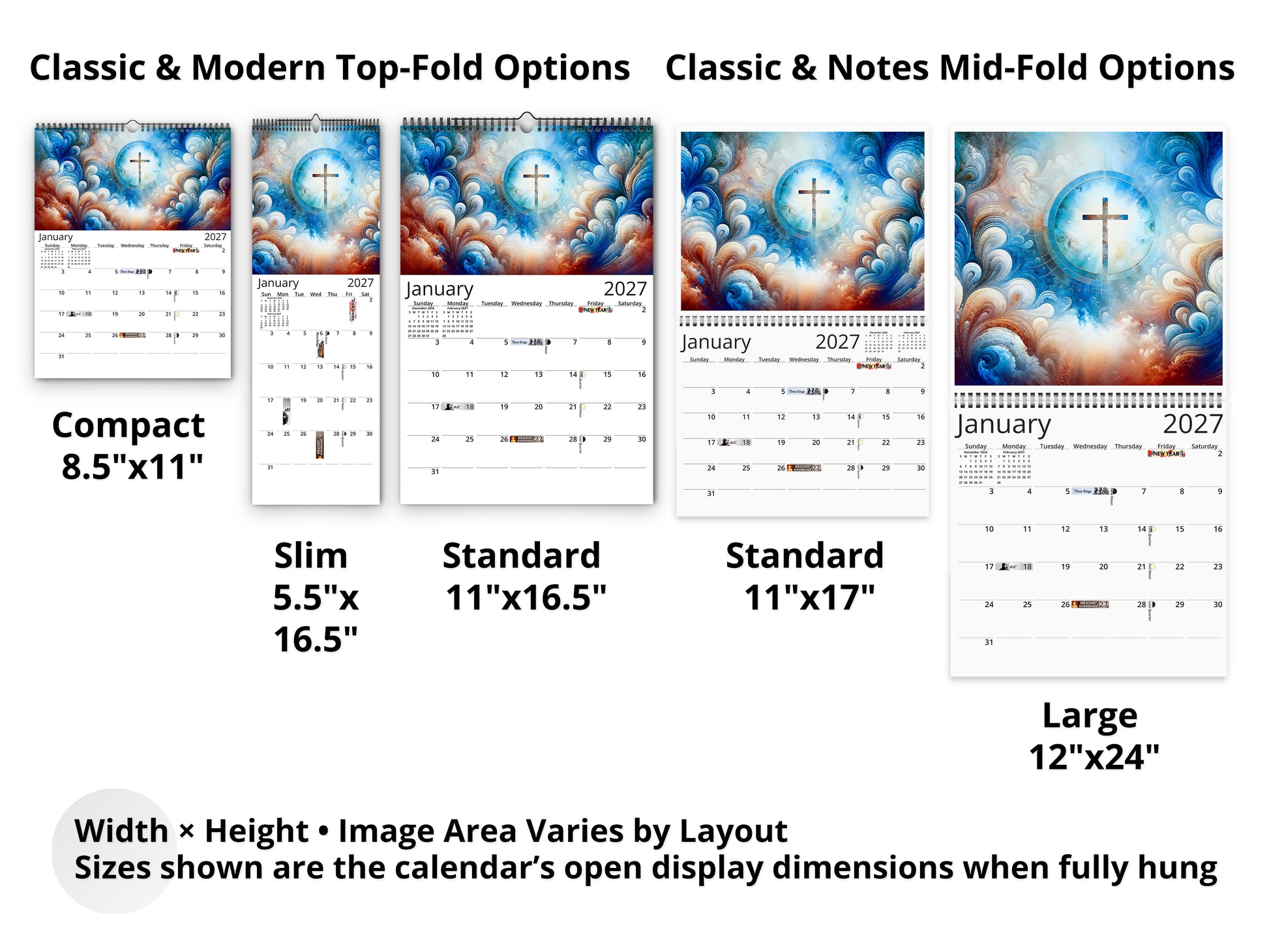 Radiant Cross 2027 wall calendar layout and size options