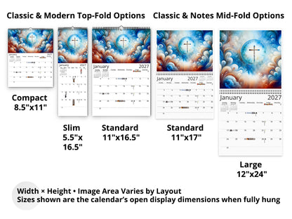 Radiant Cross 2027 wall calendar layout and size options