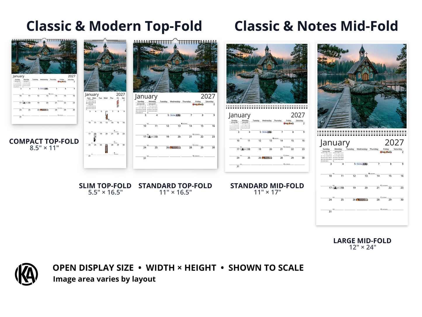 Sanctuary 2027 wall calendar layout and size options