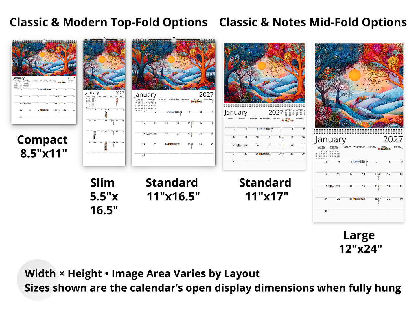 Calendar display with various sizes and options
