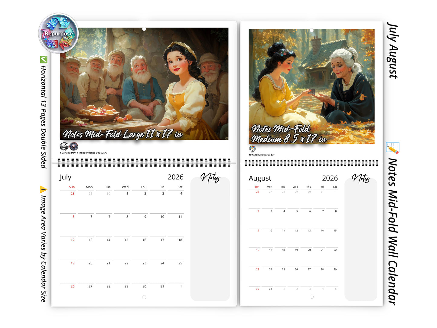 2026 Snow White Wall Calendar by Kaleidoscope Artisan – Enchanted Fairytale with Holidays