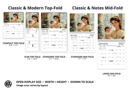 Snow White 2027 wall calendar layout and size options