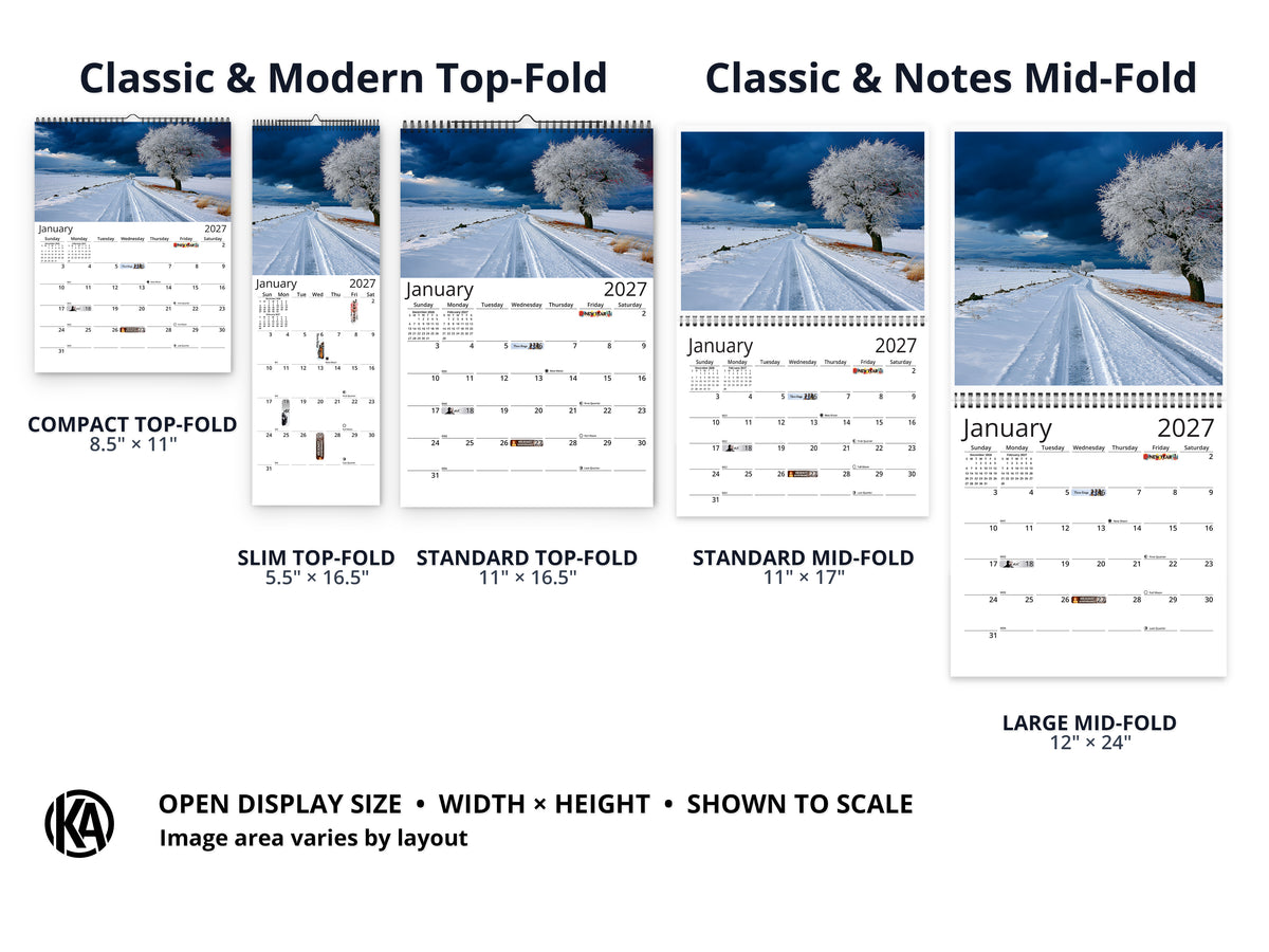 Solitude 2027 wall calendar layout and size options