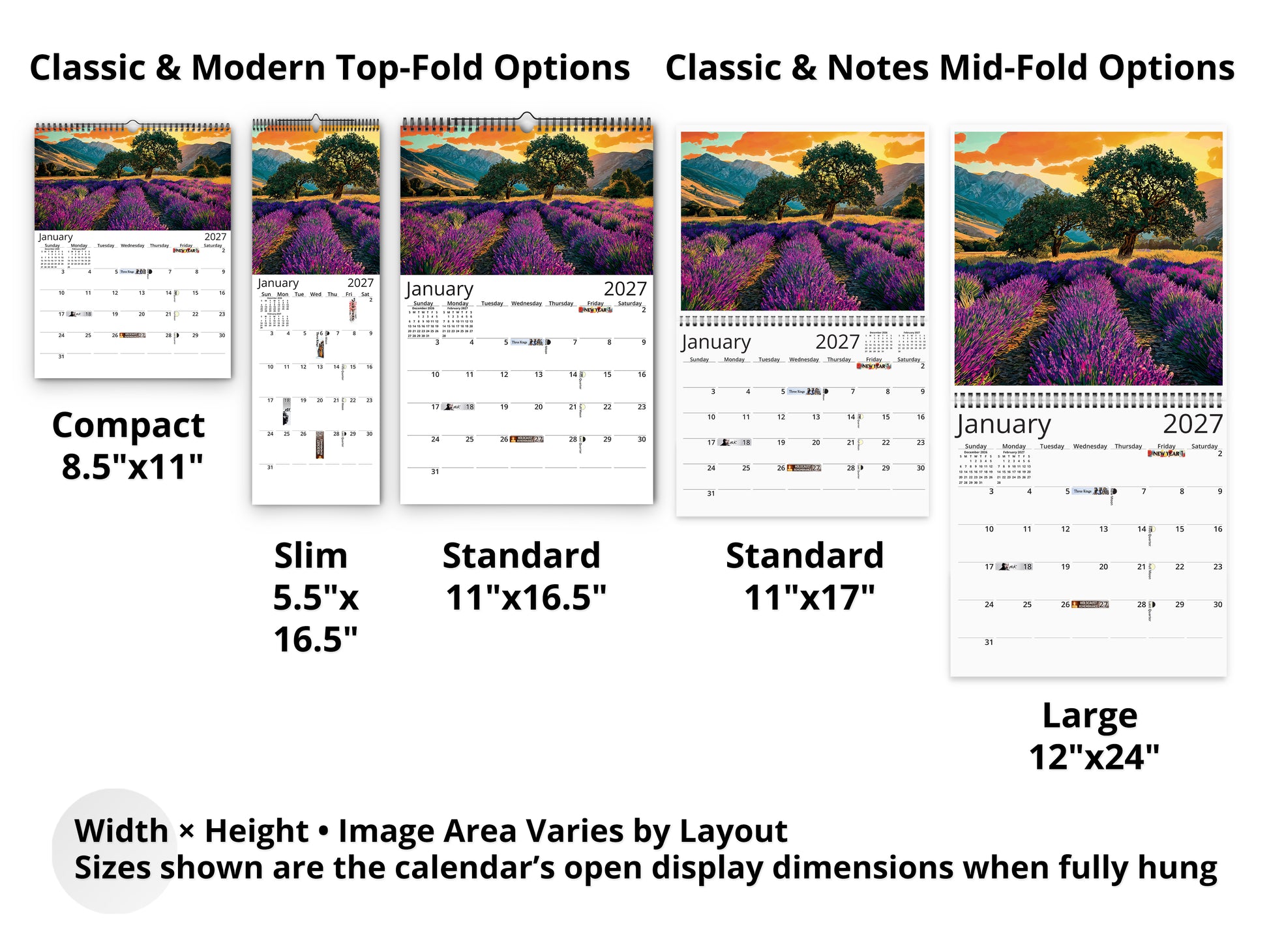 Spring Flowers 2027 wall calendar layout and size options