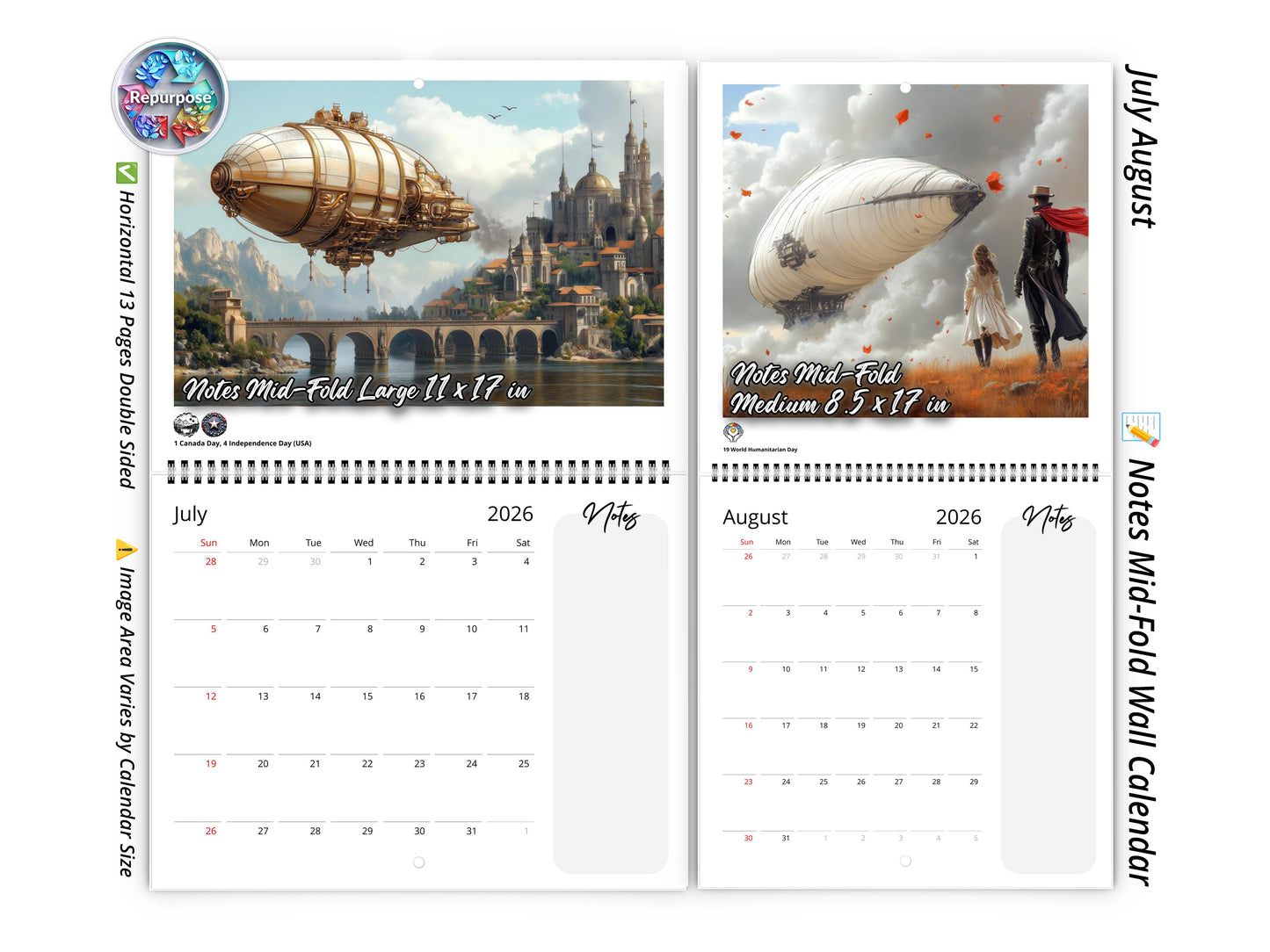 2026 Steampunk Airship Wall Calendar by Kaleidoscope Artisan – Chronicles in the Clouds with Holidays