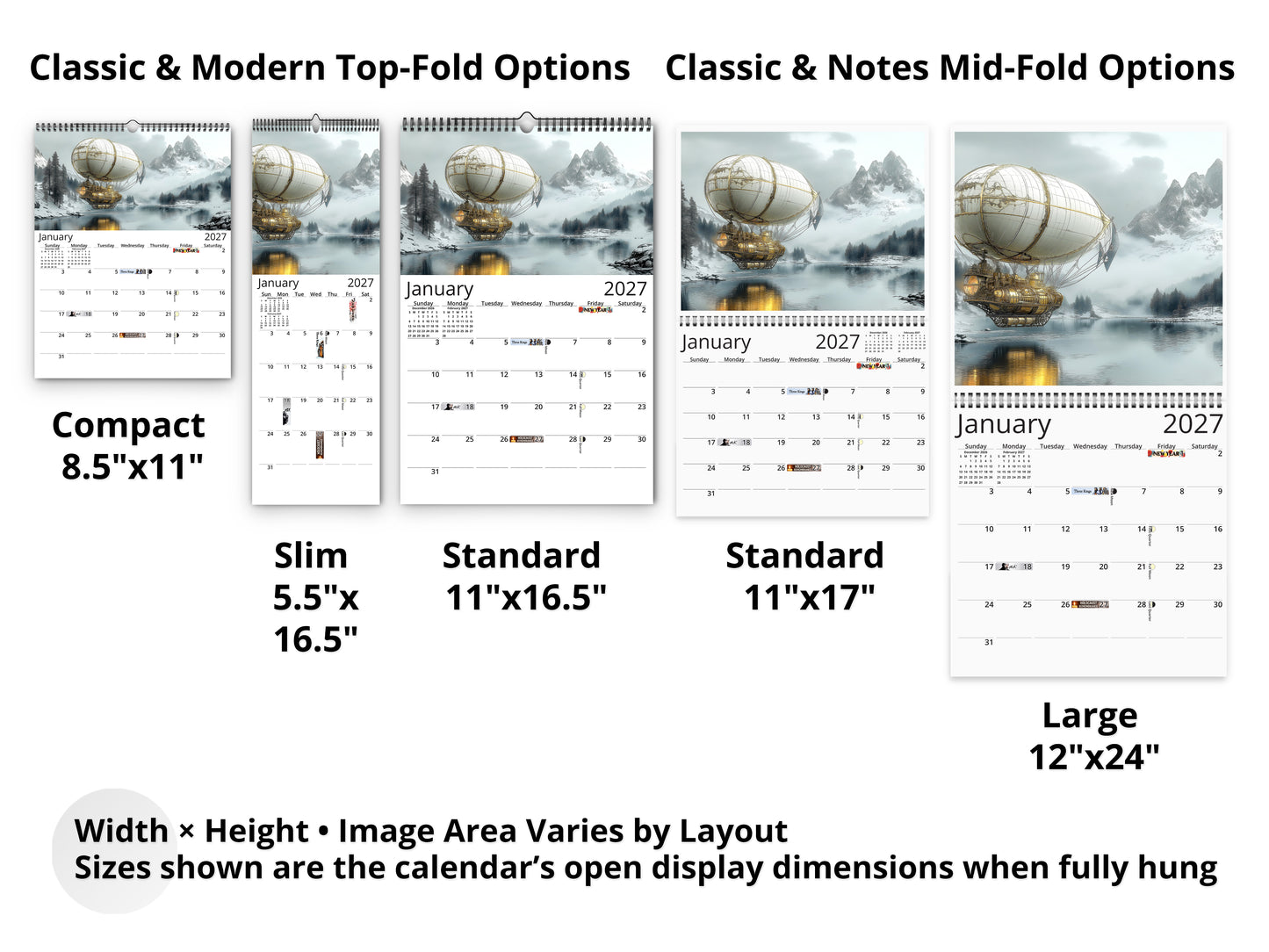 Steampunk Airship 2027 wall calendar layout and size options