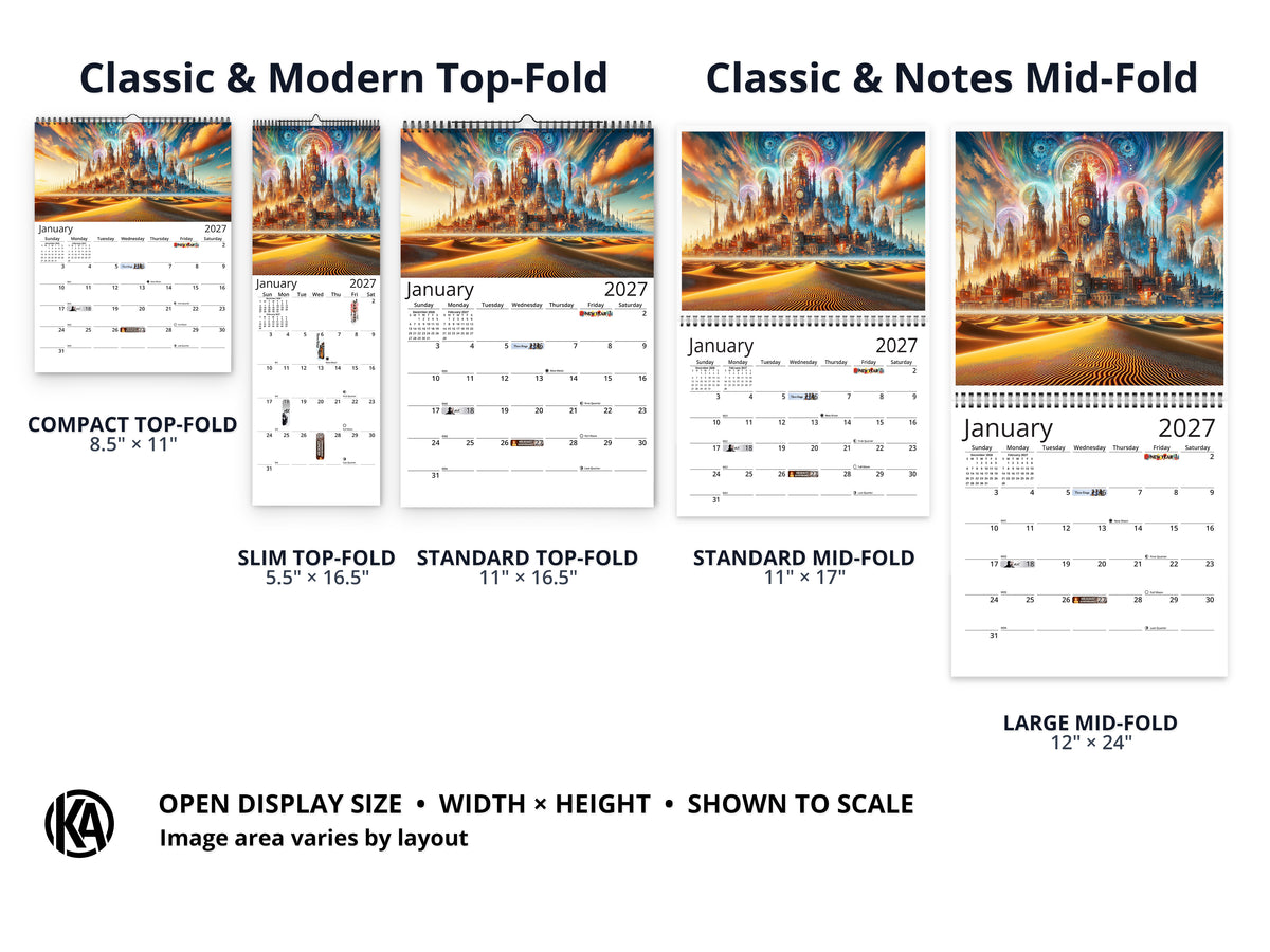 Steampunk Sands 2027 wall calendar layout and size options