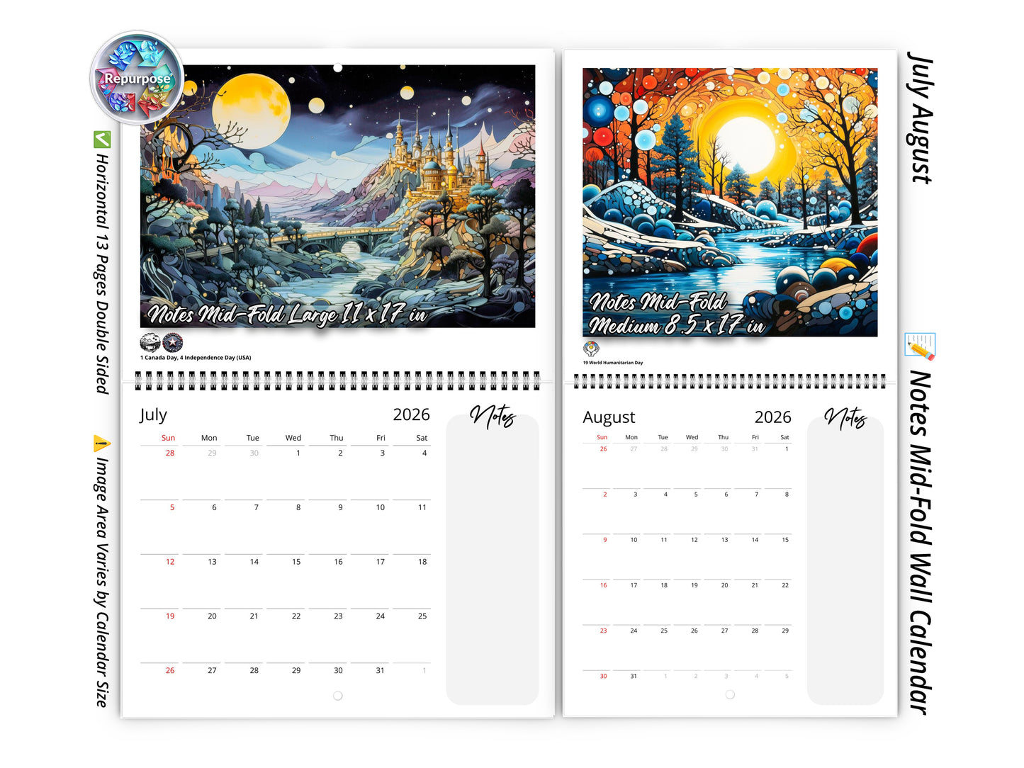 2026 Surreal Horizons Wall Calendar by Kaleidoscope Artisan – Mystical Realms with Holidays