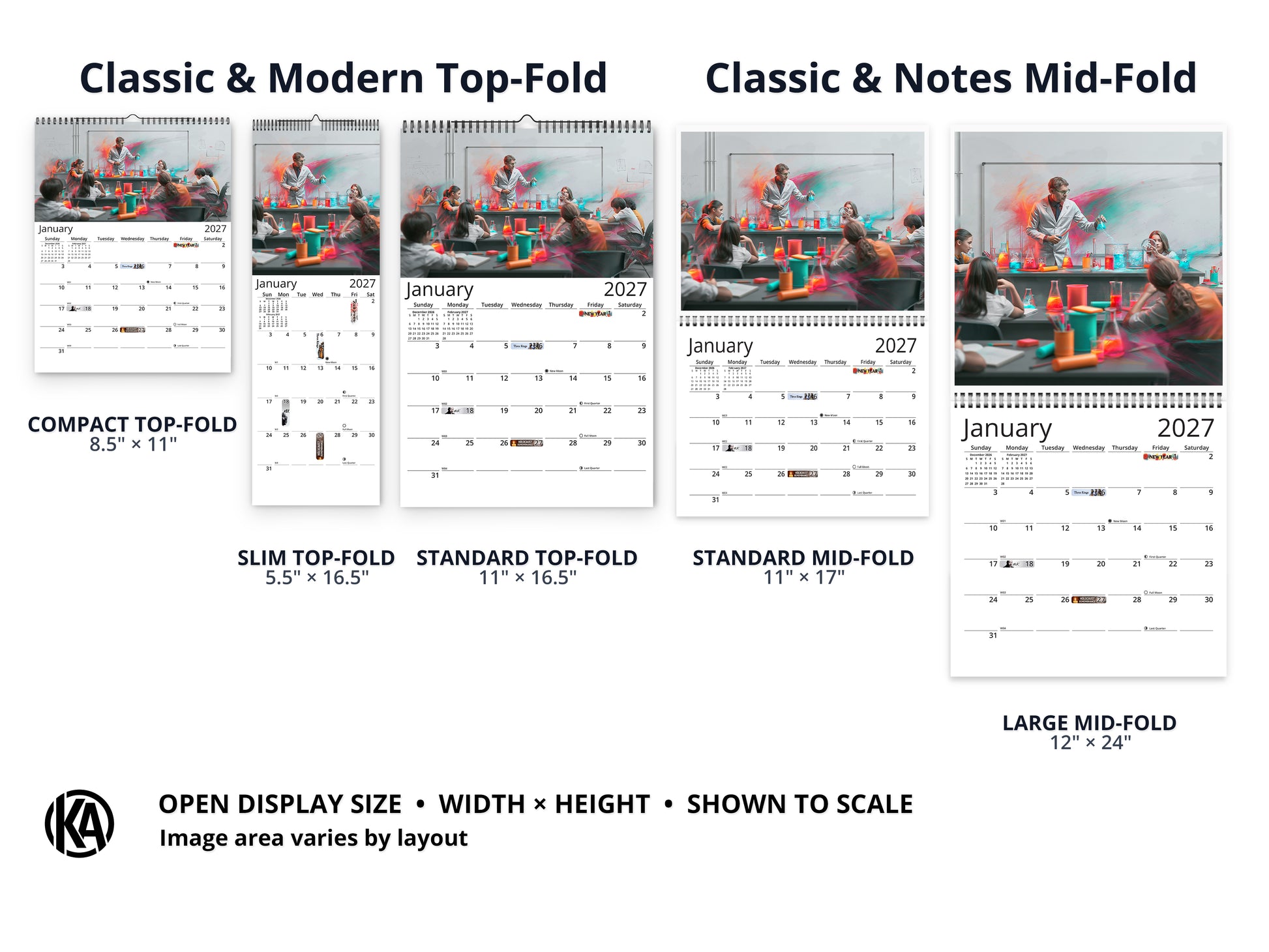 Teacher 2027 wall calendar layout and size options