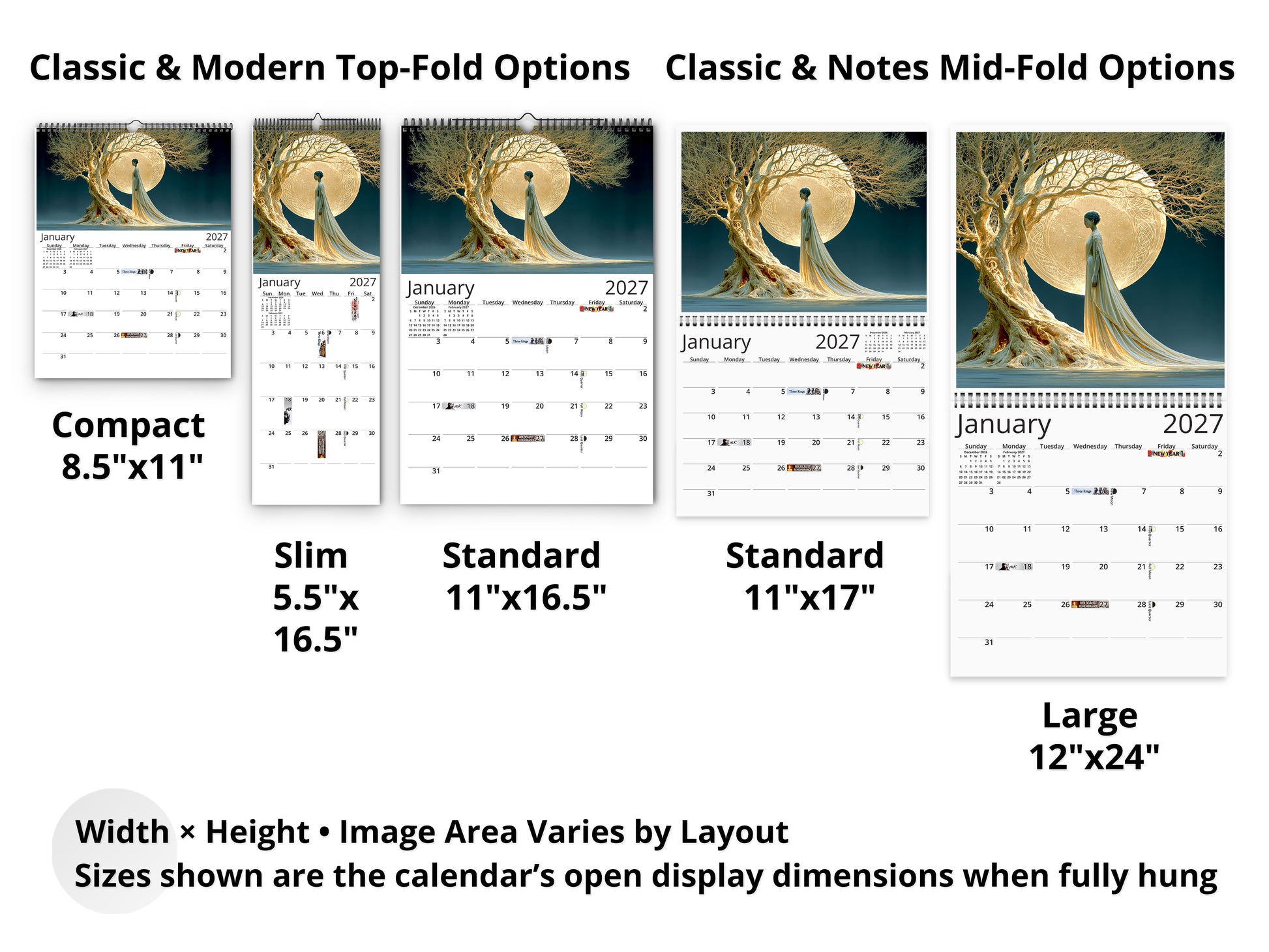 Tree of Life Sacred 2027 wall calendar layout and size options