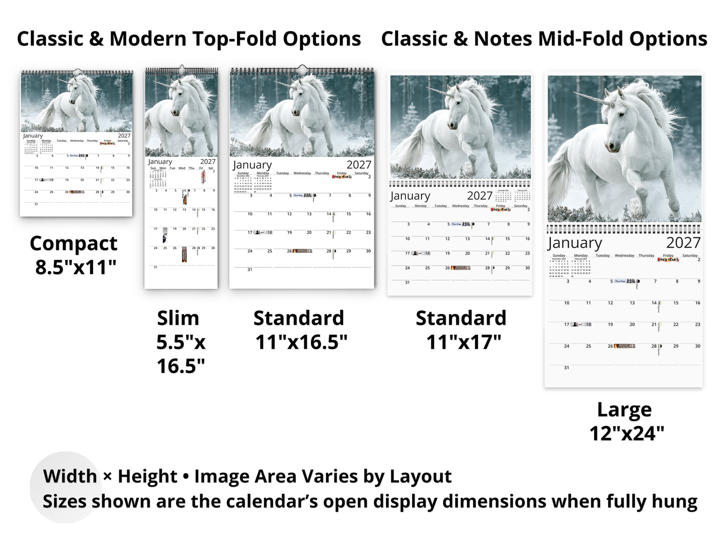 2027 Unicorn Wall Calendar by Kaleidoscope Artisan – Mystical Grace with Holidays