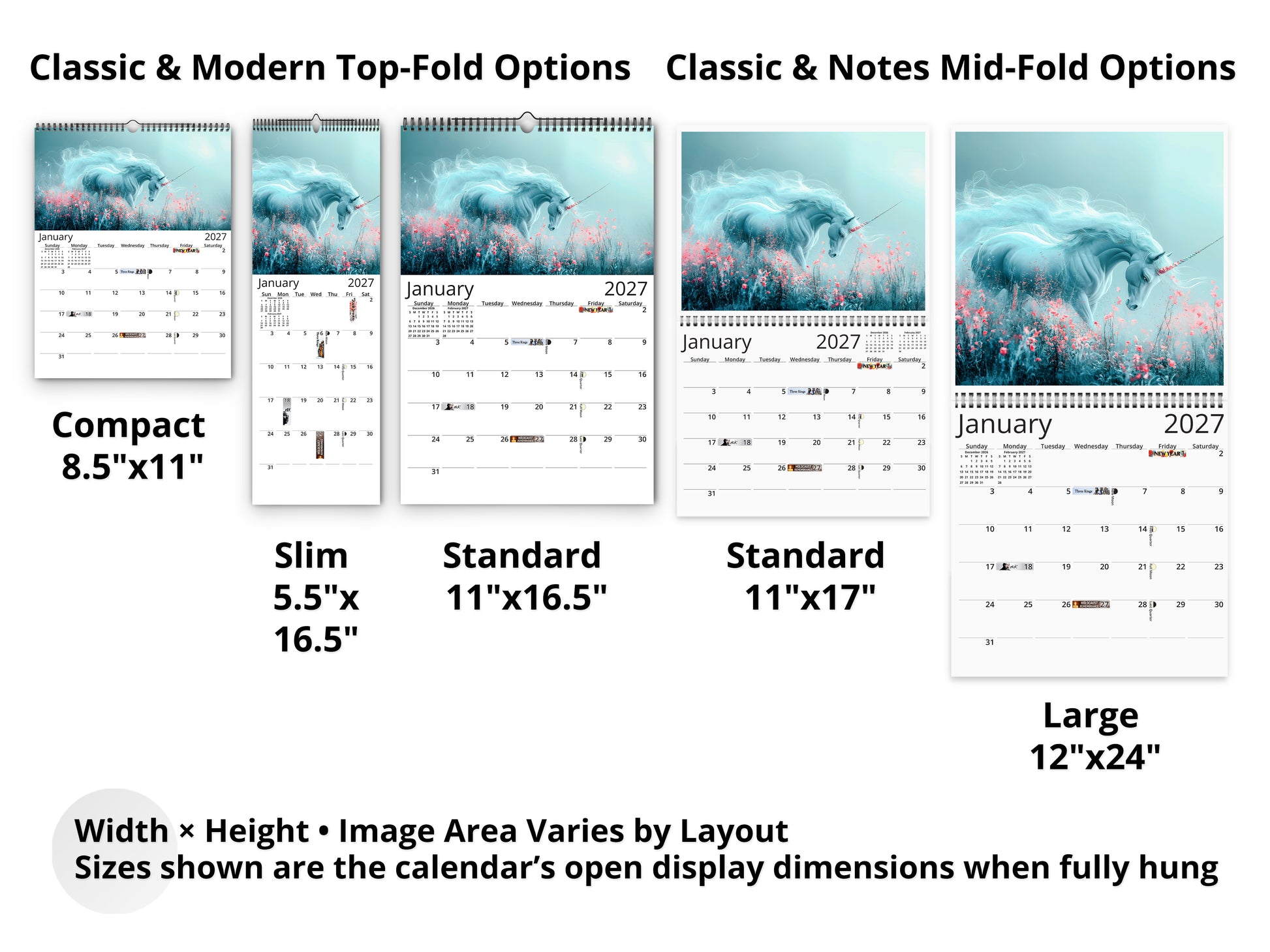 Comparison of different calendar sizes and options with a white horse design on a blue background.