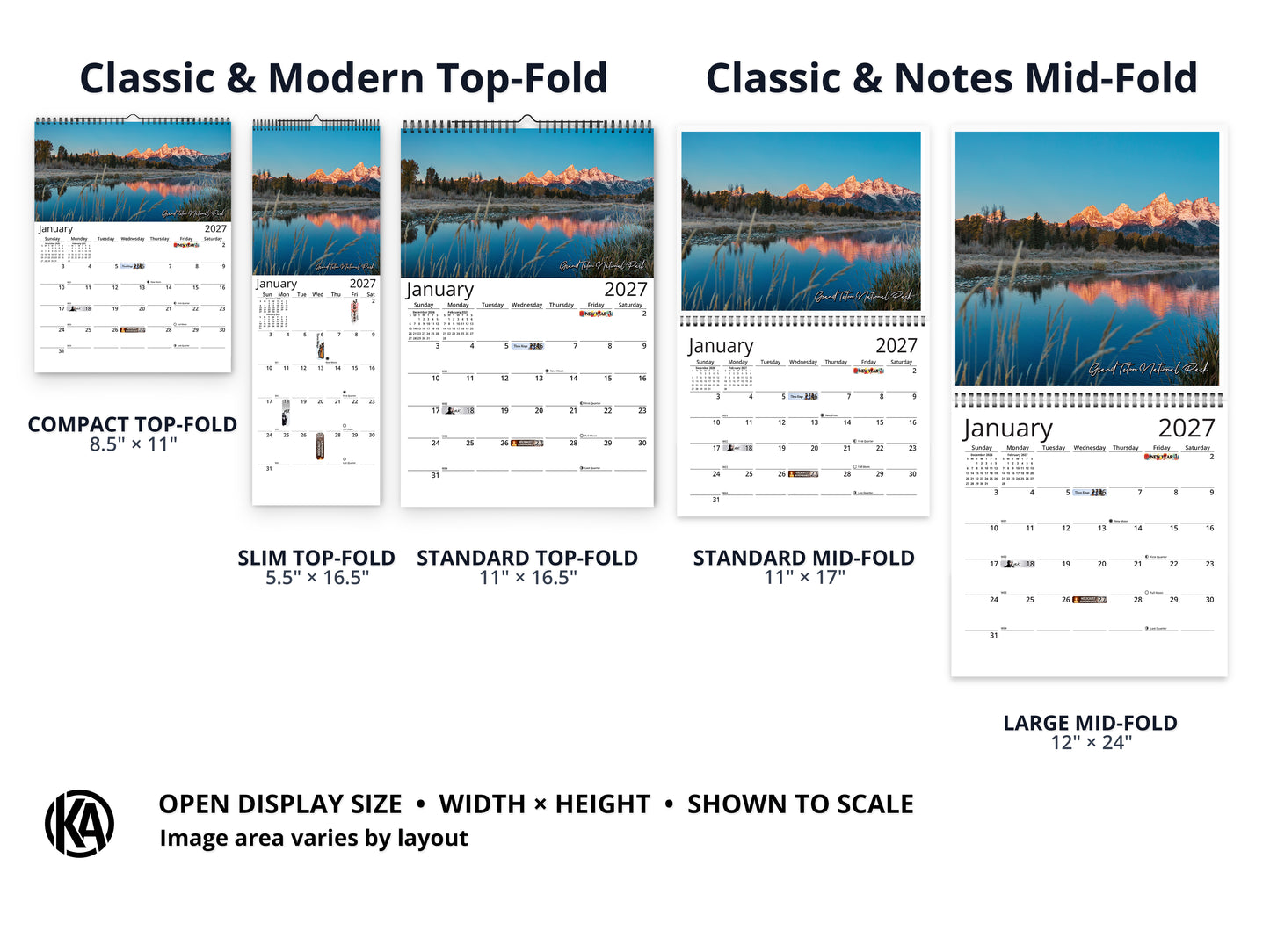 United States Vistas by Kaleidoscope Artisan - Cities and Landscapes with Holidays 2027 wall calendar layout and size options