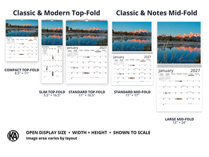 United States Vistas by Kaleidoscope Artisan - Cities and Landscapes with Holidays 2027 wall calendar layout and size options