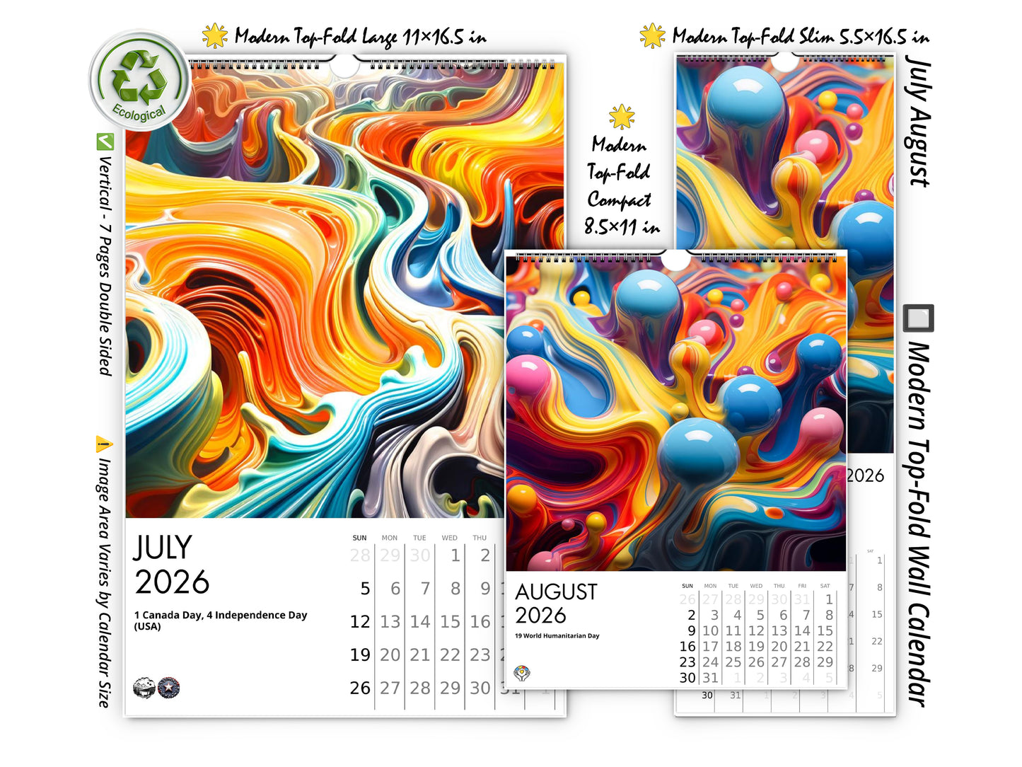 Calendario de pared de colores vivos 2026 de Kaleidoscope Artisan: arte en movimiento con las fiestas