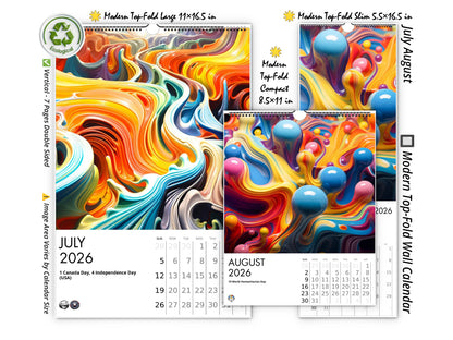 Calendario de pared de colores vivos 2026 de Kaleidoscope Artisan: arte en movimiento con las fiestas