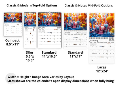 Calendario de pared de 2027 con colores vivos de Kaleidoscope Artisan – Arte en movimiento con festivos