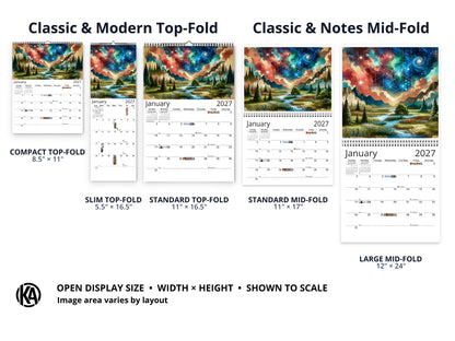 Watercolor Horizons 2027 wall calendar layout and size options