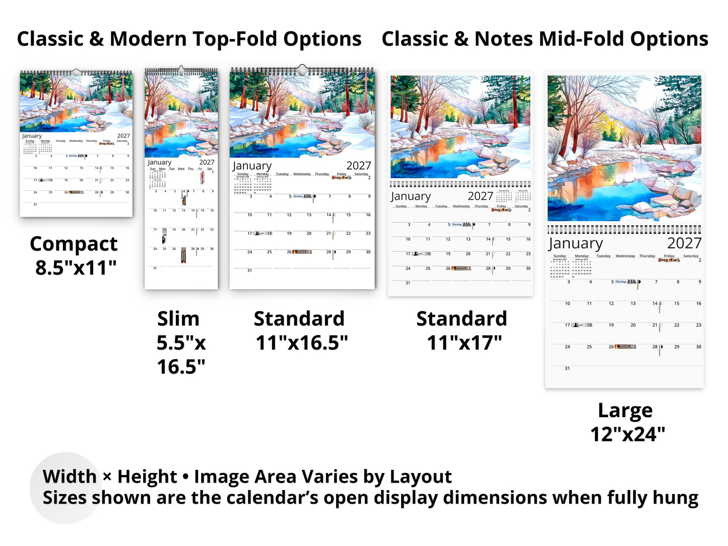 Calendar display with various sizes and options including compact, slim, standard, and large formats.