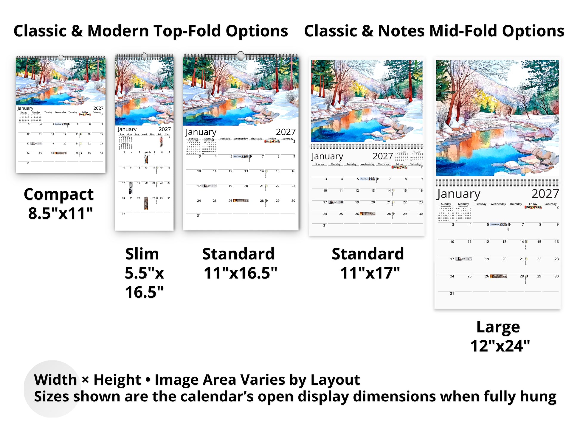 Calendar display with various sizes and options including compact, slim, standard, and large formats.