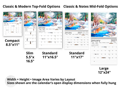 Calendar display with various sizes and options including compact, slim, standard, and large formats.