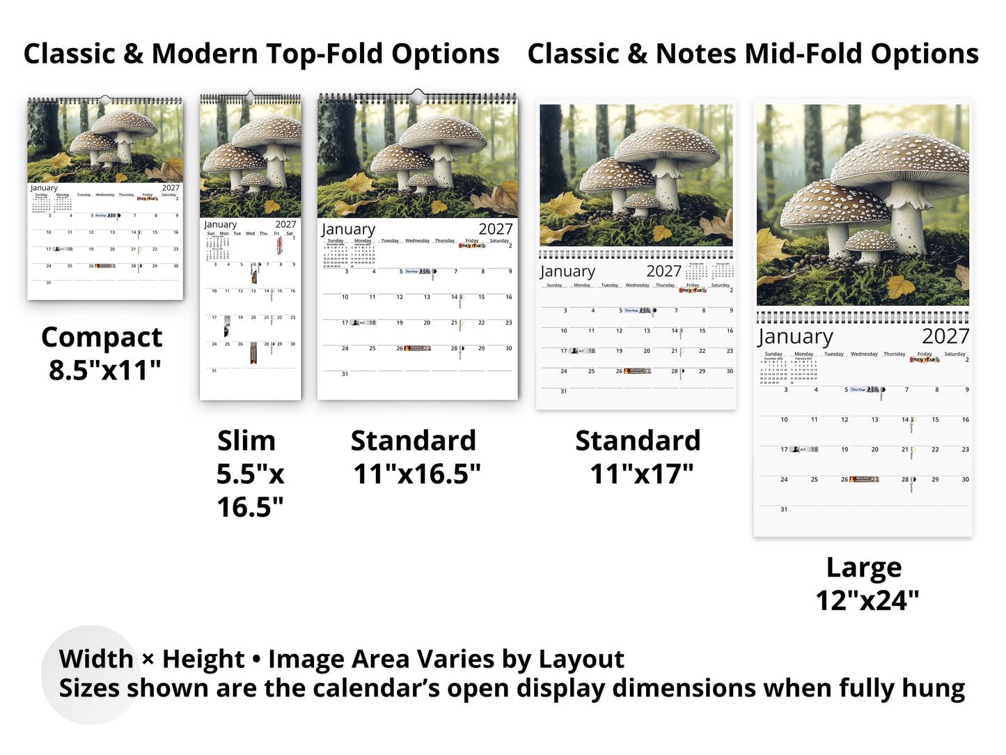 Wild Mushrooms 2027 wall calendar layout and size options
