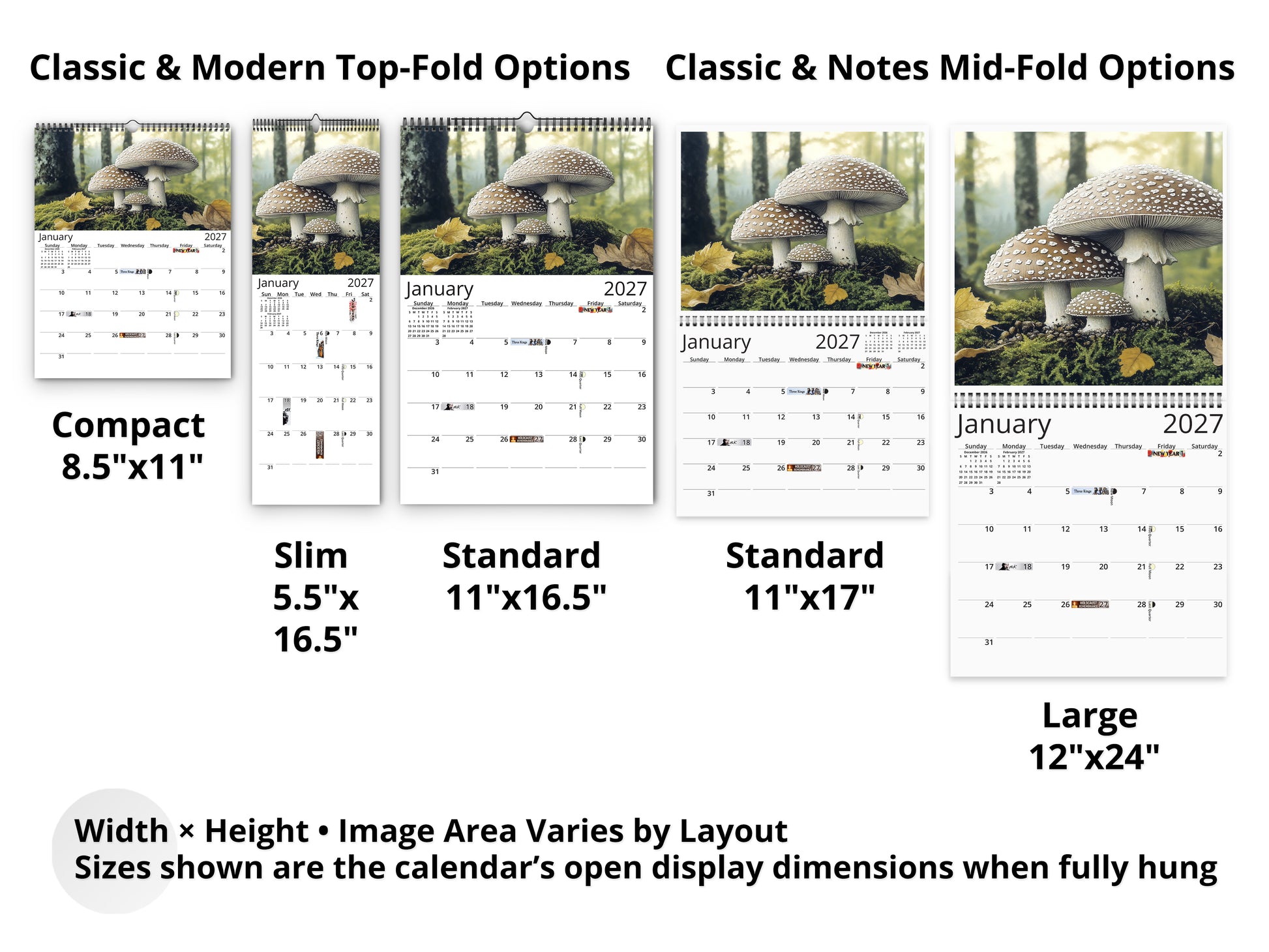 Wild Mushrooms 2027 wall calendar layout and size options