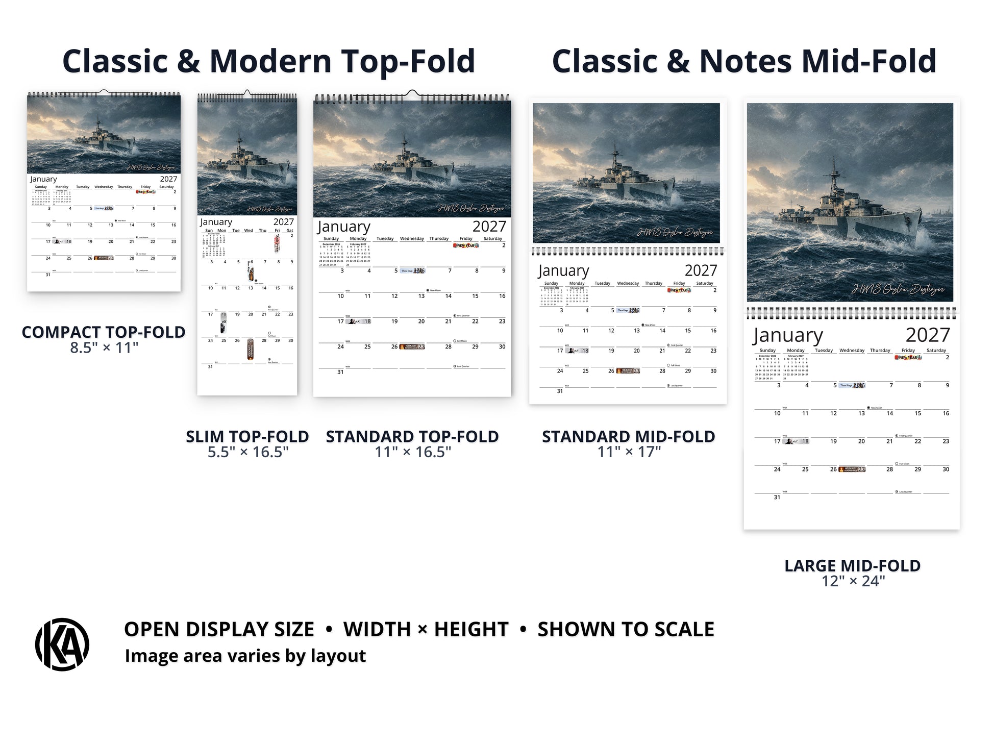 WWII Ships of Valor 2027 wall calendar layout and size options