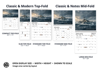 WWII Ships of Valor 2027 wall calendar layout and size options
