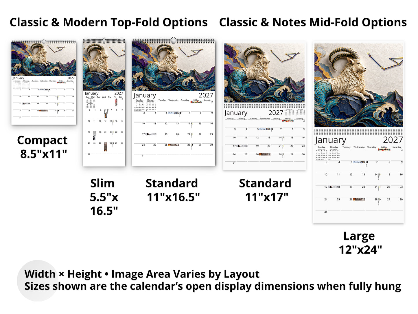 Zodiac Astrology 2027 wall calendar layout and size options