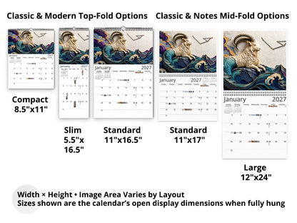 Zodiac Astrology 2027 wall calendar layout and size options