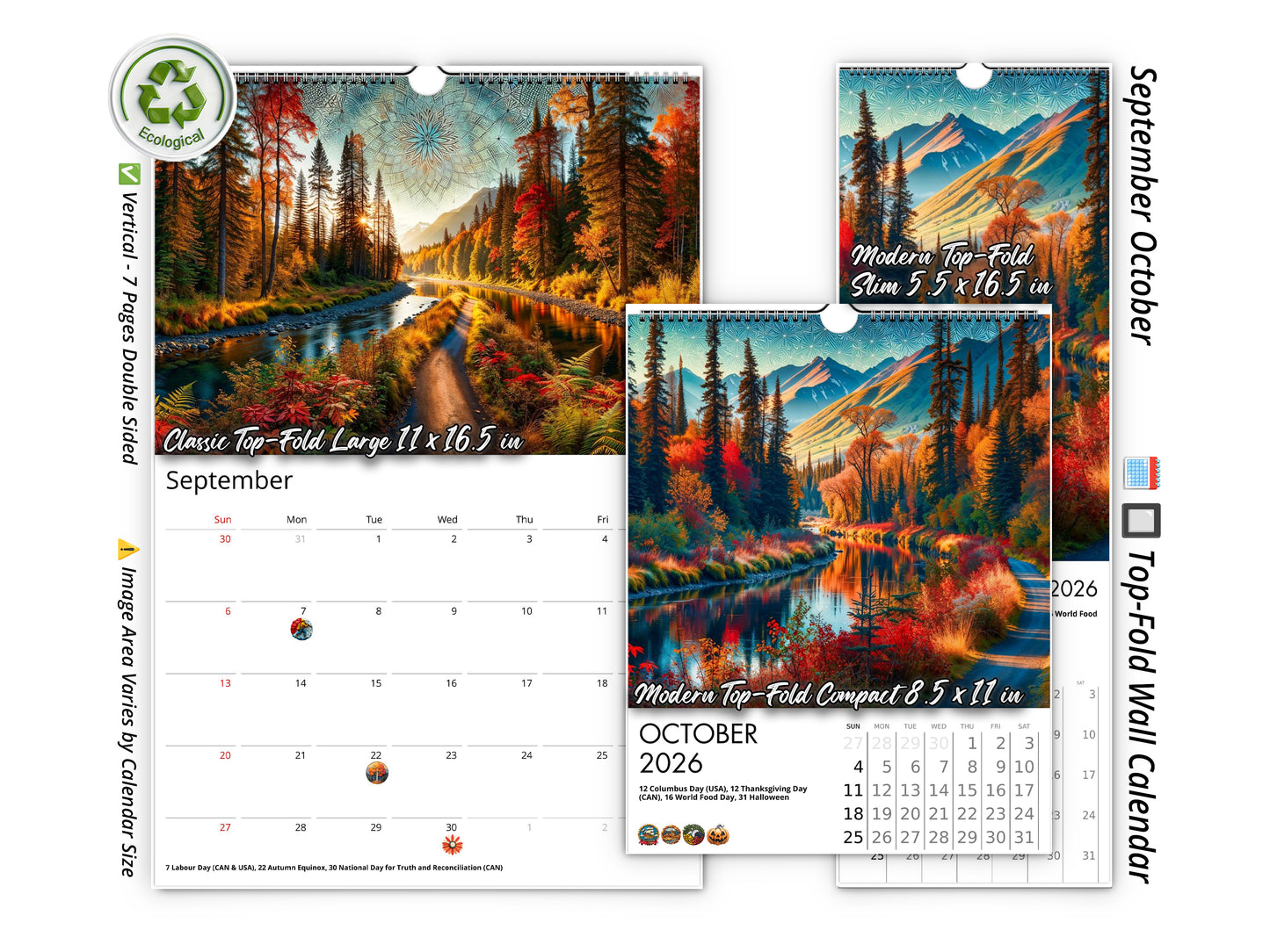 2026 Alaska's Autumn Wall Calendar by Kaleidoscope Artisan – Nature’s Tranquility with Holidays