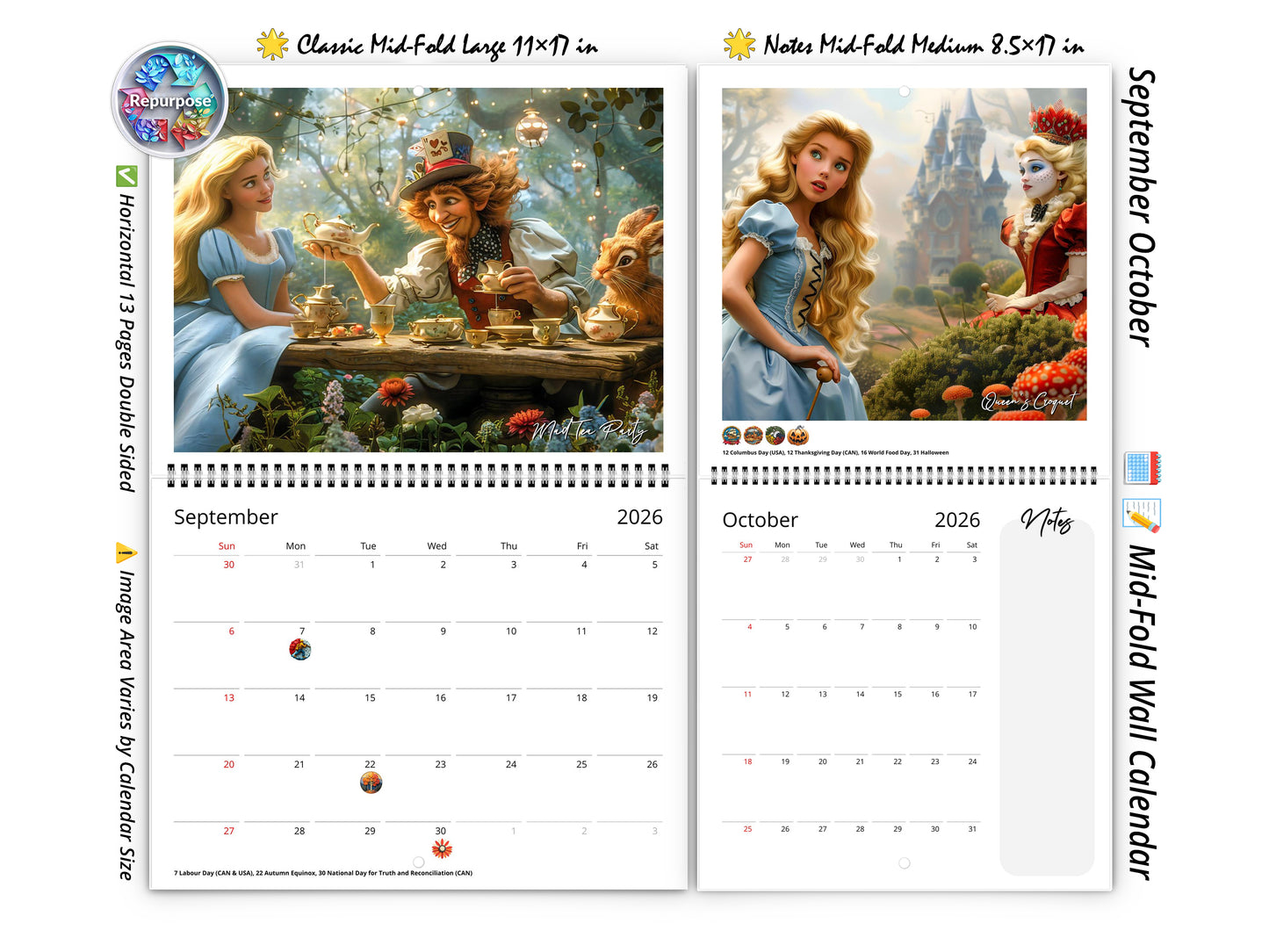 Calendario de pared de Alicia en el País de las Maravillas 2026 de Kaleidoscope Artisan: Aventuras de cuentos con festividades