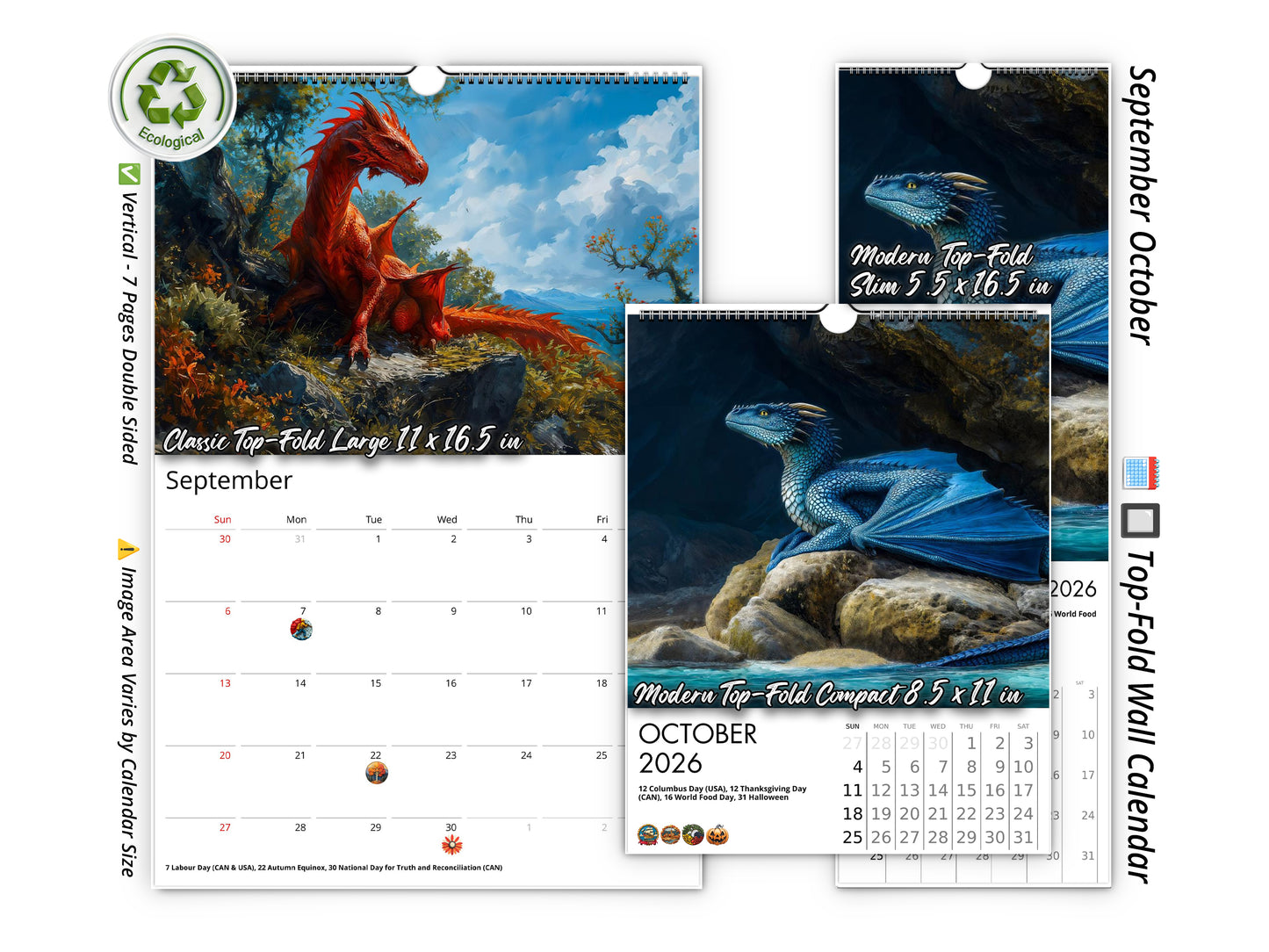 Calendario de pared de dragones 2026 de Kaleidoscope Artisan: ilustraciones de fantasía con festividades