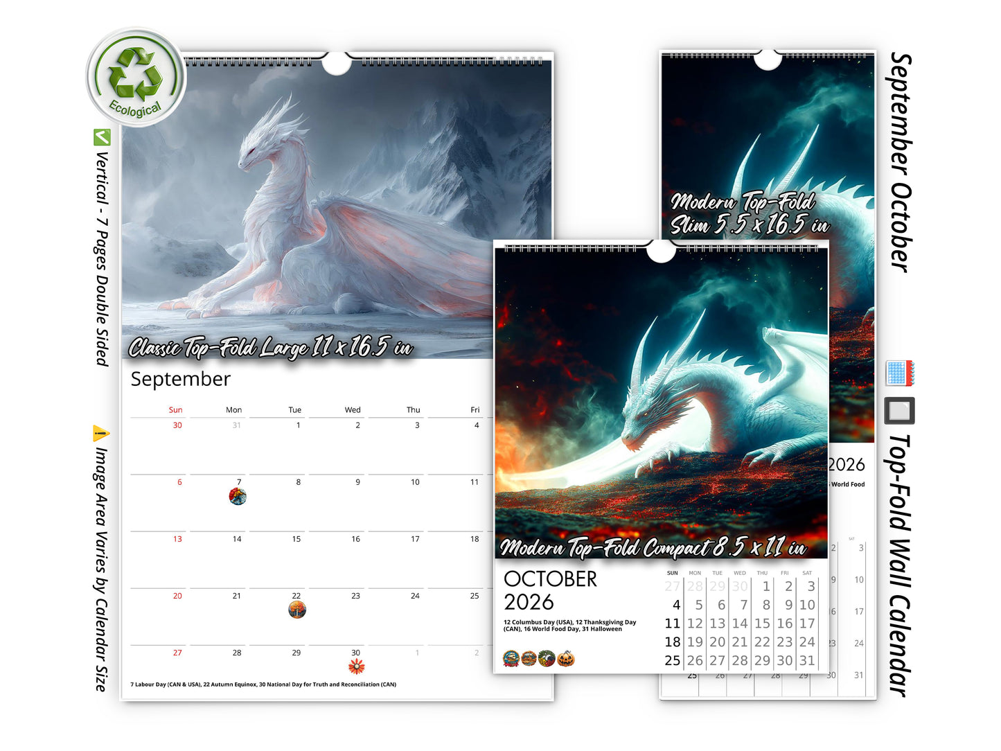 2026 Dragon Light Wall Calendar by Kaleidoscope Artisan – Majestic Dragon Realms with Holidays