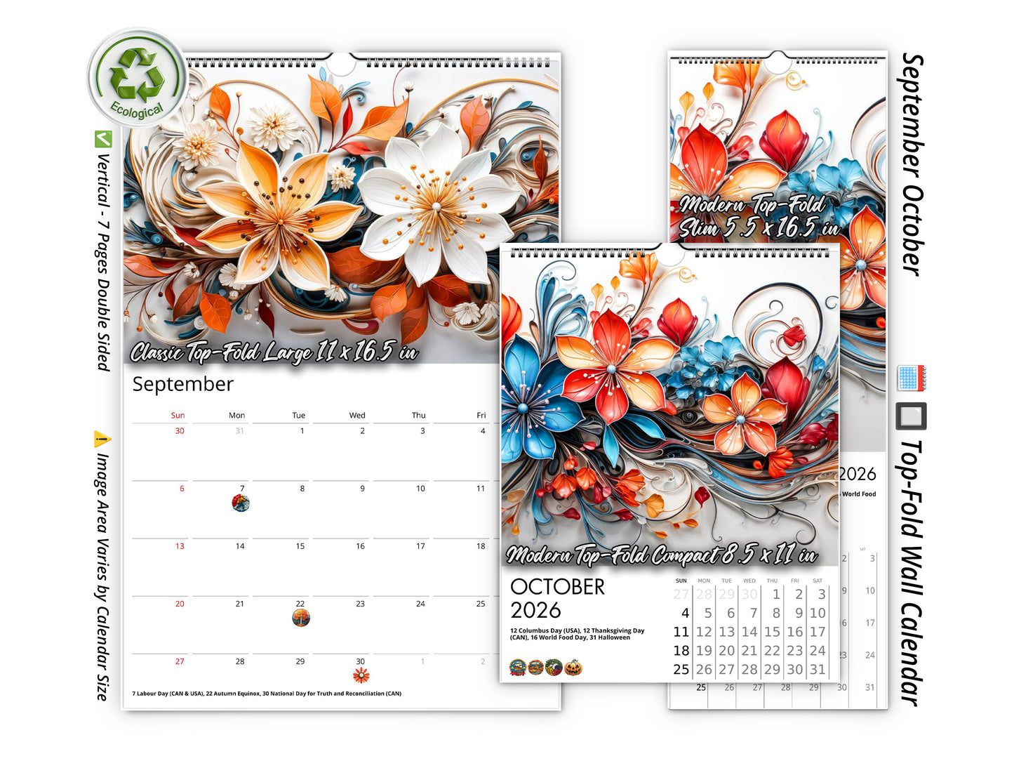 2026 Floral Grace Wall Calendar by Kaleidoscope Artisan – Elegant Bloom with Holidays