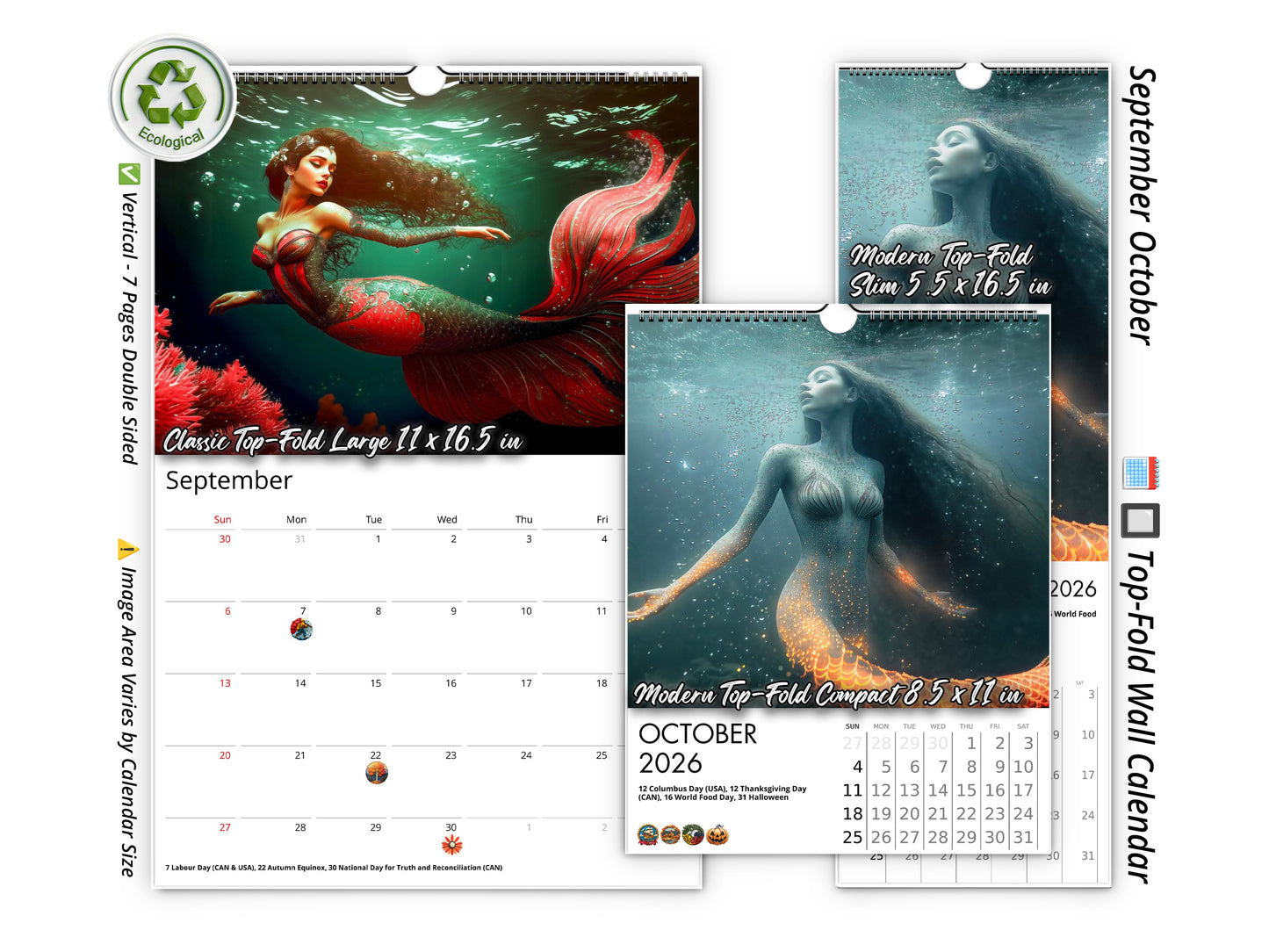 2026 Mermaid Dream Wall Calendar by Kaleidoscope Artisan – Enchanting Underwater Realms with Holidays