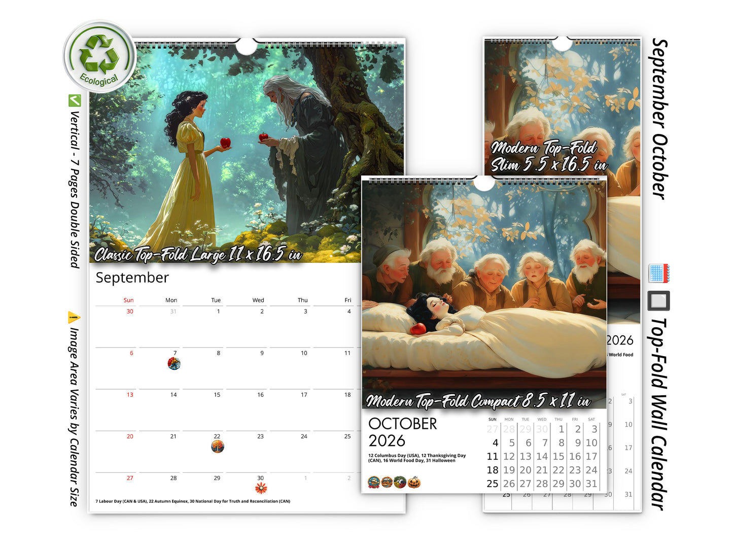 2026 Snow White Wall Calendar by Kaleidoscope Artisan – Enchanted Fairytale with Holidays
