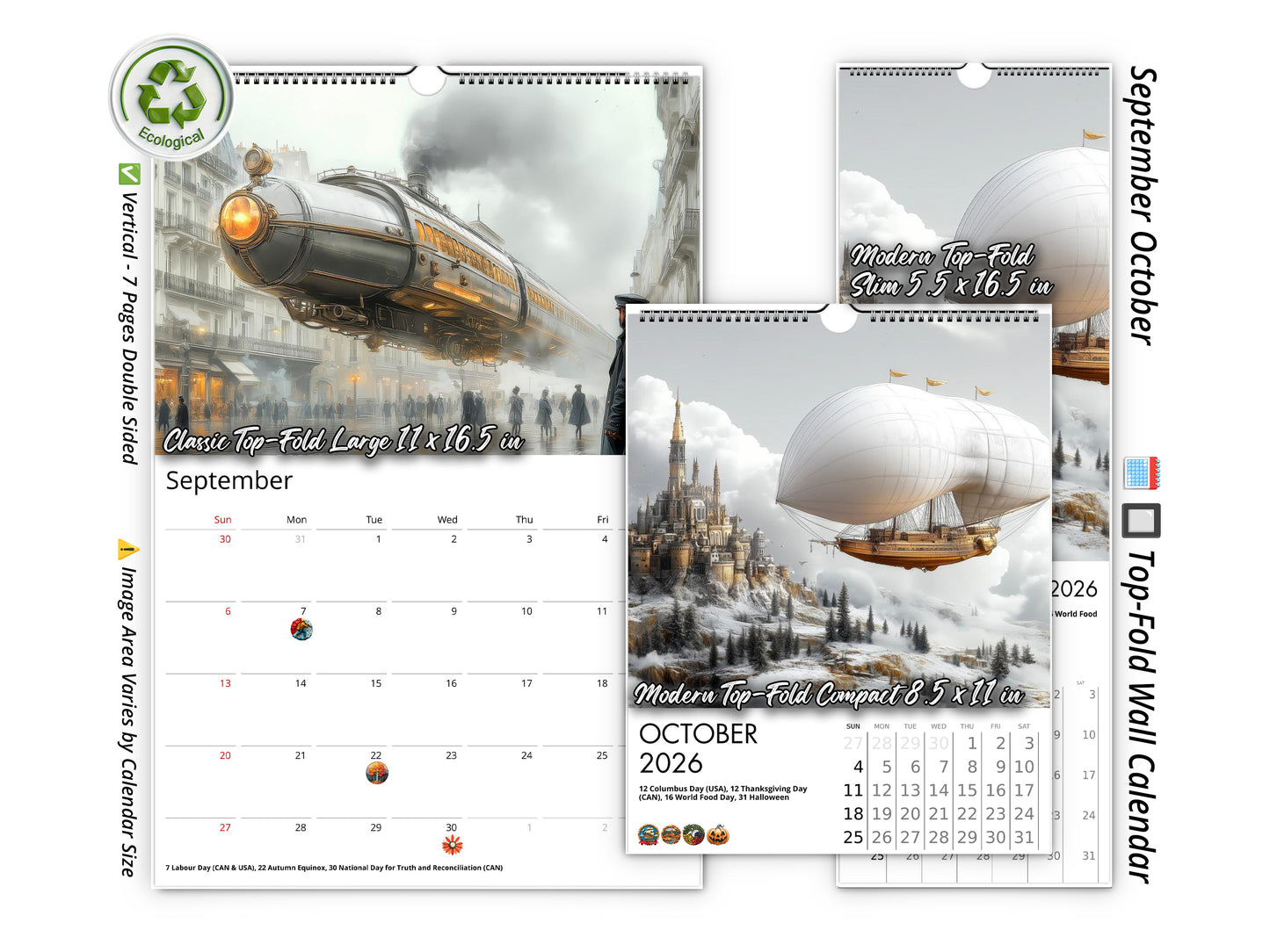 2026 Steampunk Airship Wall Calendar by Kaleidoscope Artisan – Chronicles in the Clouds with Holidays