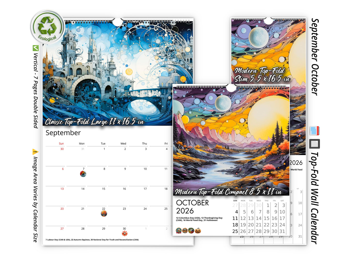 2026 Surreal Horizons Wall Calendar by Kaleidoscope Artisan – Mystical Realms with Holidays